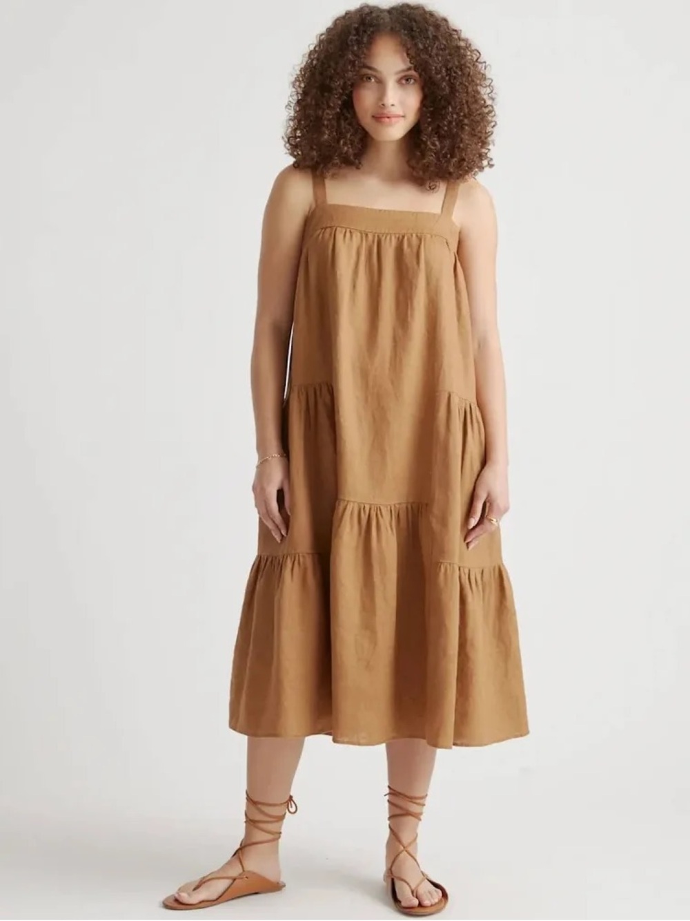 Quince 100% European Linen Trapeze Tiered Midi Dress Golden Brown Women’s - Med